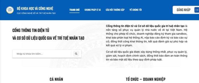 Giao diện Cổng thông tin điện tử một cửa về trí tuệ nhân tạo.