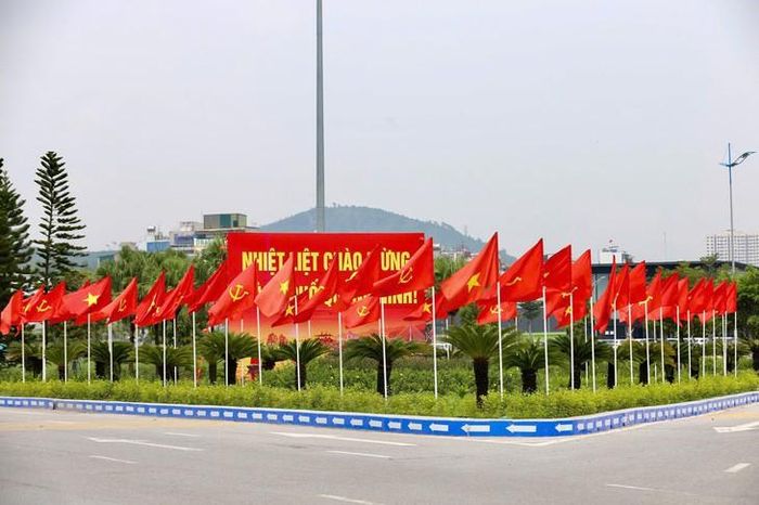 Sắc đỏ phủ kín khu vực nút giao với những hàng cờ được bố trí dọc các dải cây xanh, tạo không khí rực rỡ trước ngày Quốc khánh 2/9. Ảnh: Nguyễn Thanh Tùng