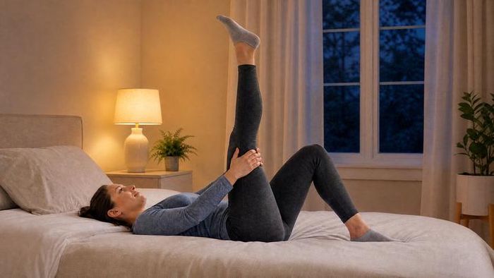 Trong quá trình kéo giãn gân kheo, nếu cảm thấy căng quá mức, hãy hạ chân xuống một chút. Ảnh minh họa AI.