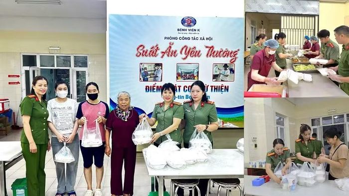 Các cán bộ, chiến sĩ Công an phường Thanh Liệt tất bật chuẩn bị, đóng gói 100 suất cơm thiện nguyện và trực tiếp trao tận tay những bệnh nhân có hoàn cảnh khó khăn tại Bệnh viện K cơ sở Tân Triều.