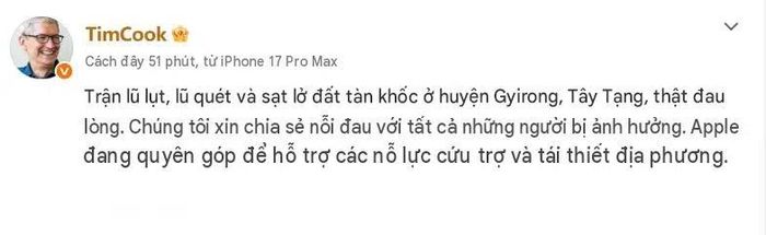  CEO Apple Tim Cook gửi lời chia buồn đến trên mạng xã hội Weibo. Ảnh: Weibo. 