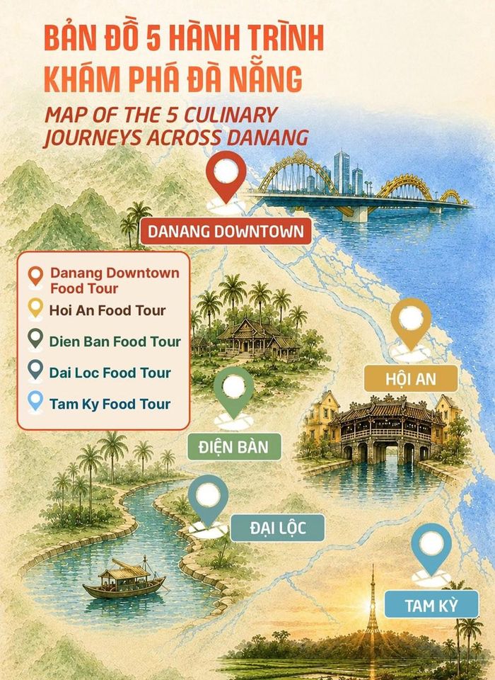 Danang Food Tour giới thiệu các tuyến trải nghiệm tại 5 địa bàn trọng điểm gồm Danang Downtown, Hội An, Điện Bàn, Đại Lộc và Tam Kỳ