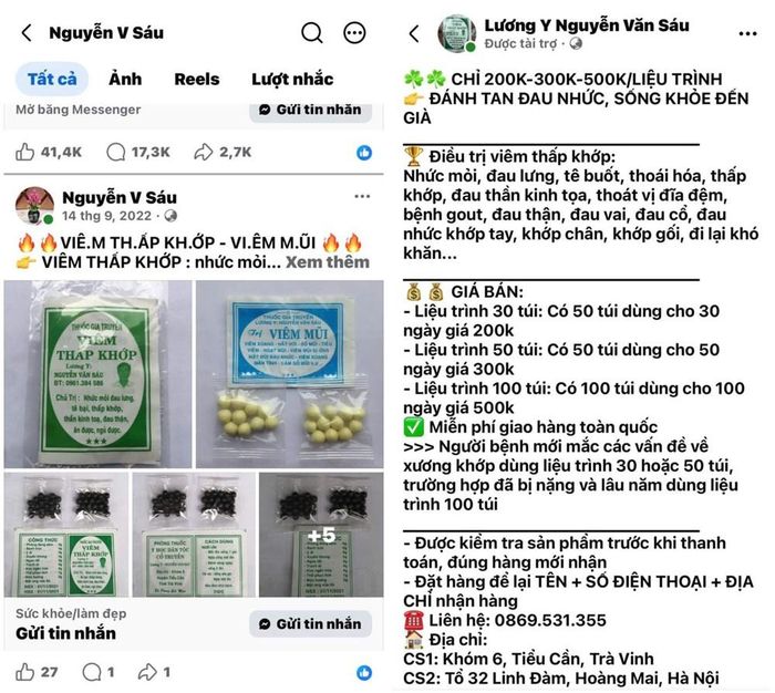 Các Fanpage Facebook được các đối tượng lập để quảng cáo, giới thiệu và bán thuốc giả. Ảnh: Công an Thanh Hóa