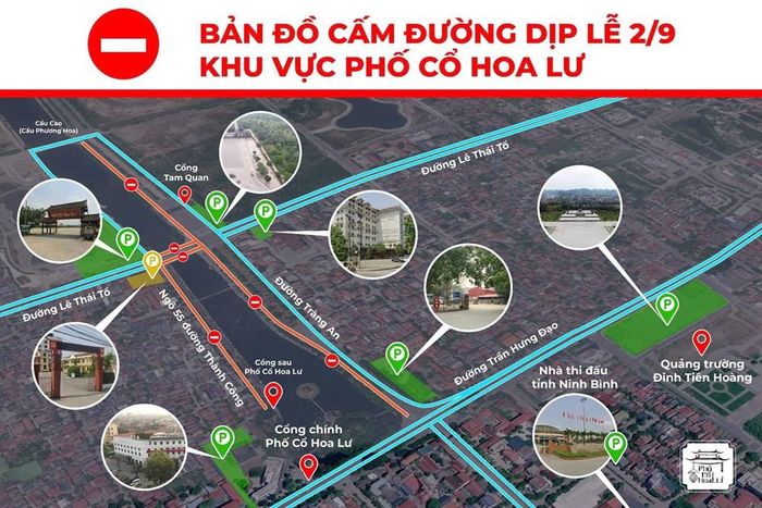 Vị trí 7 bãi đỗ xe (ký hiệu P) phục vụ nhân dân, du khách trong thời gian phân luồng, cấm đường. Ảnh: PCHL