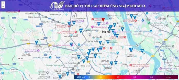 Bản đồ các vị trí ngập sau cơn mưa dông tại Hà Nội. Ảnh chụp lúc 18 giờ 40 phút ngày 27/8.