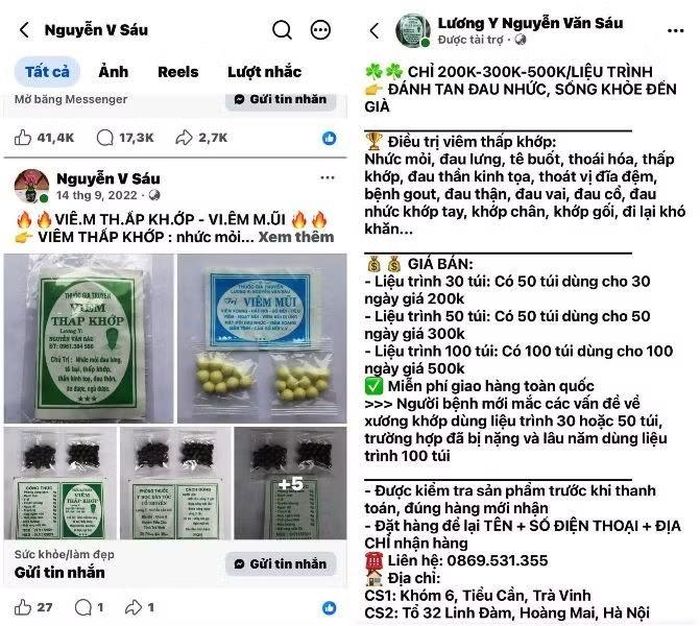 Các trang Fanpage Facebook các đối tượng lập để quảng cáo, bán thuốc.