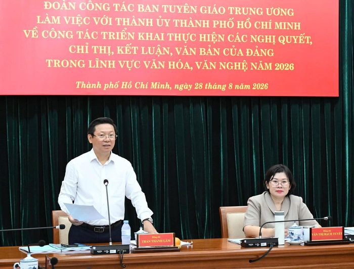 Đồng chí Trần Thanh Lâm, Phó Trưởng Ban Tuyên giáo Trung ương, phát biểu tại buổi làm việc với Thành ủy TPHCM về công tác triển khai thực hiện các nghị quyết, chỉ thị, kết luận, văn bản của Đảng trong lĩnh vực văn hóa, văn nghệ năm 2026. Ảnh: VIỆT DŨNG
