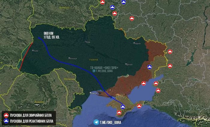 Quãng đường di chuyển của UAV Nga. Ảnh: OSINT