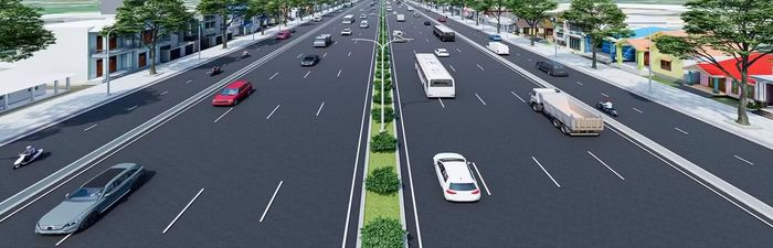 Mặt cắt quốc lộ 1 sau khi hoàn thiện mở rộng đạt khoảng 60m với 10-12 làn xe.