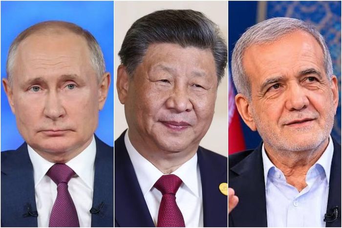 Từ trái qua phải: Tổng thống Nga Vladimir Putin, Chủ tịch Trung Quốc Tập Cận Bình, Tổng thống Iran Masoud Pezeshkian. (Ảnh: Tass)
