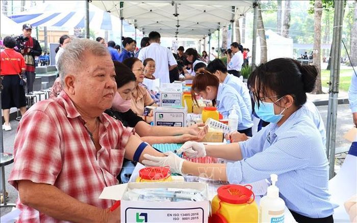Người cao tuổi được lấy máu xét nghiệm tại Ngày hội “Chăm sóc sức khỏe người cao tuổi - Vì một Việt Nam khỏe mạnh”, ngày 23/8. Ảnh: Đinh Hằng/TTXVN
