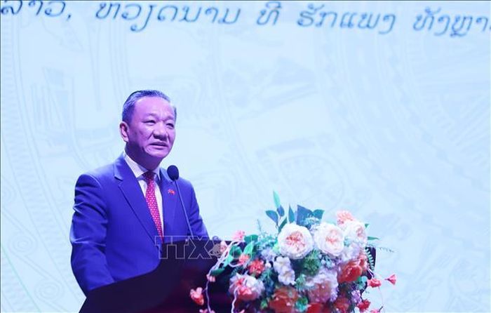 Đại sứ Việt Nam tại Lào Nguyễn Minh Tâm phát biểu tại tiệc chiêu đãi. Ảnh: Xuân Tú/PV TTXVN tại Lào