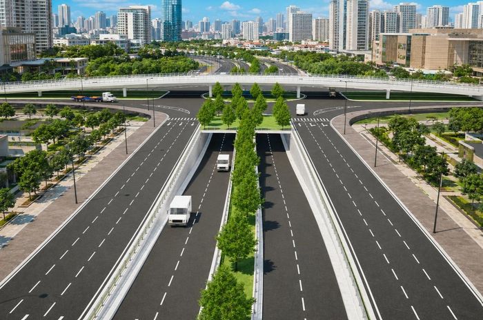 Phối cảnh trục đường sau khi đạt mặt cắt ngang 60m, phân chia rõ ràng hệ thống cầu cạn trên cao và đường song hành bên dưới. Thiết kế các nút giao tầng và hầm chui hiện đại giúp dòng xe chạy liên tục không bị xung đột tín hiệu đèn. (Ảnh: Chủ đầu tư)