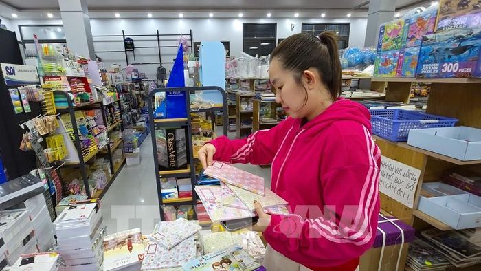Phụ huynh lựa chọn sách, vở và các dụng cụ học tập cần thiết, chuẩn bị cho năm học mới. Ảnh: Minh Phú - TTXVN