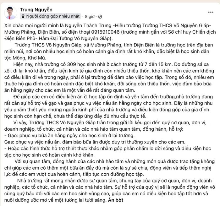 Bài đăng kêu gọi ủng hộ cho học trò của ông Trung nhận được sự quan tâm của nhiều người.