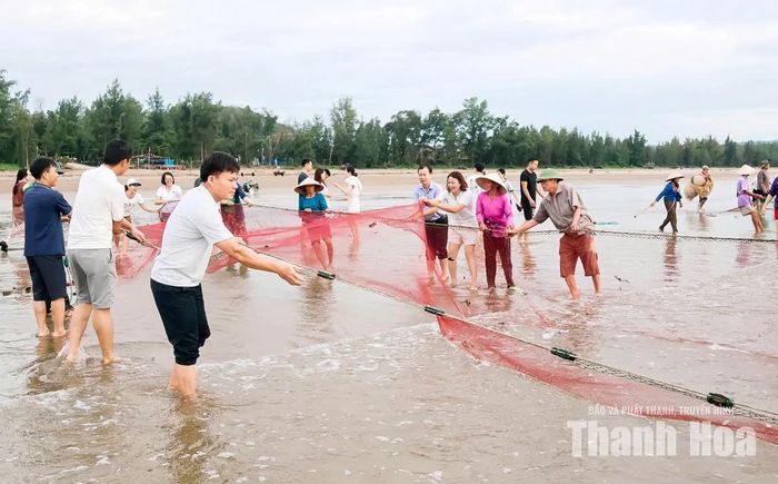 Người dân, du khách tham gia hoạt động kéo lưới sáng 29/8.