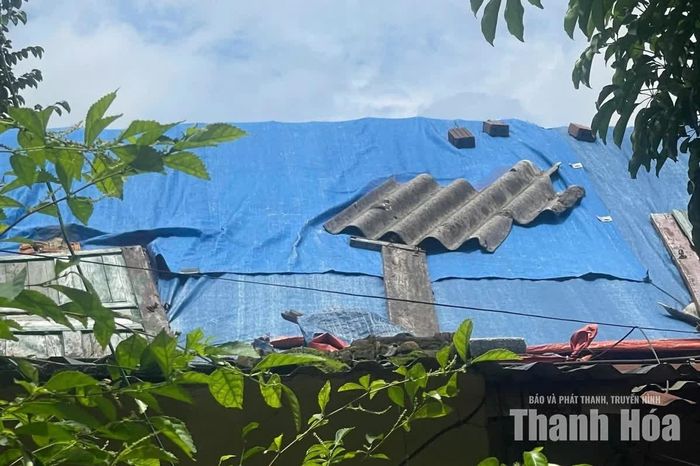 Người dân che bạt lên mái nhà để tránh mưa dột...