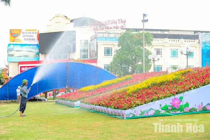 Cùng với công tác trang trí, công nhân môi trường tích cực chăm sóc các thảm hoa, cây xanh tại khu vực công cộng, góp phần giữ gìn cảnh quan đô thị xanh, sạch, đẹp.