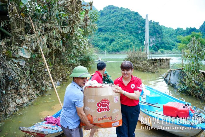 Lãnh đạo Hội Chữ thập đỏ tỉnh cùng người dân vận chuyển nhu yếu phẩm