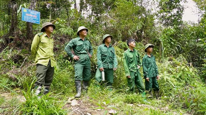 Tổ tuần tra rừng của thôn Tà Dông phối hợp với lực lượng kiểm lâm địa bàn đi tuần tra rừng.