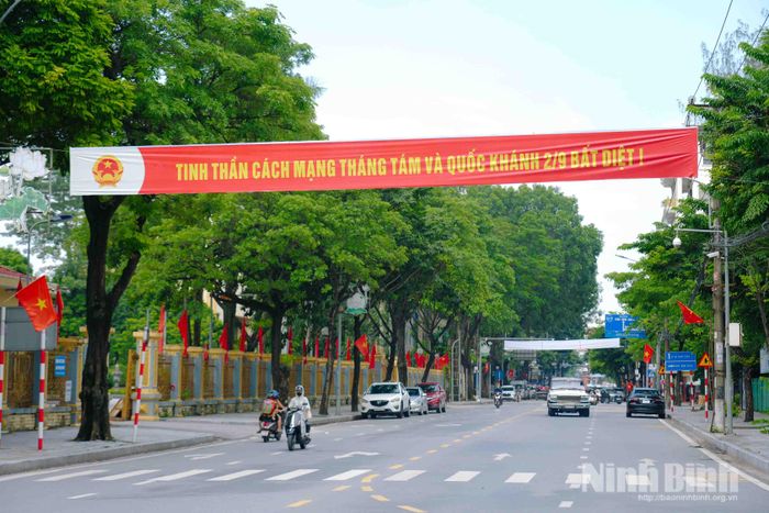Đường Lê Hồng Phong (phường Hoa Lư) rợp cờ hoa, băng rôn, panô tuyên truyền, khơi dậy niềm tự hào dân tộc.