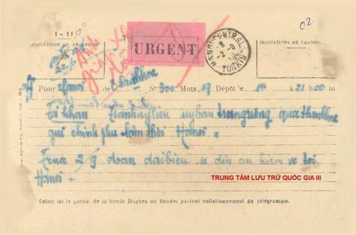  Bức điện ngày 1/9/1945. Nguồn: Trung tâm Lưu trữ quốc gia III, phông tư liệu Phủ Thủ tướng
