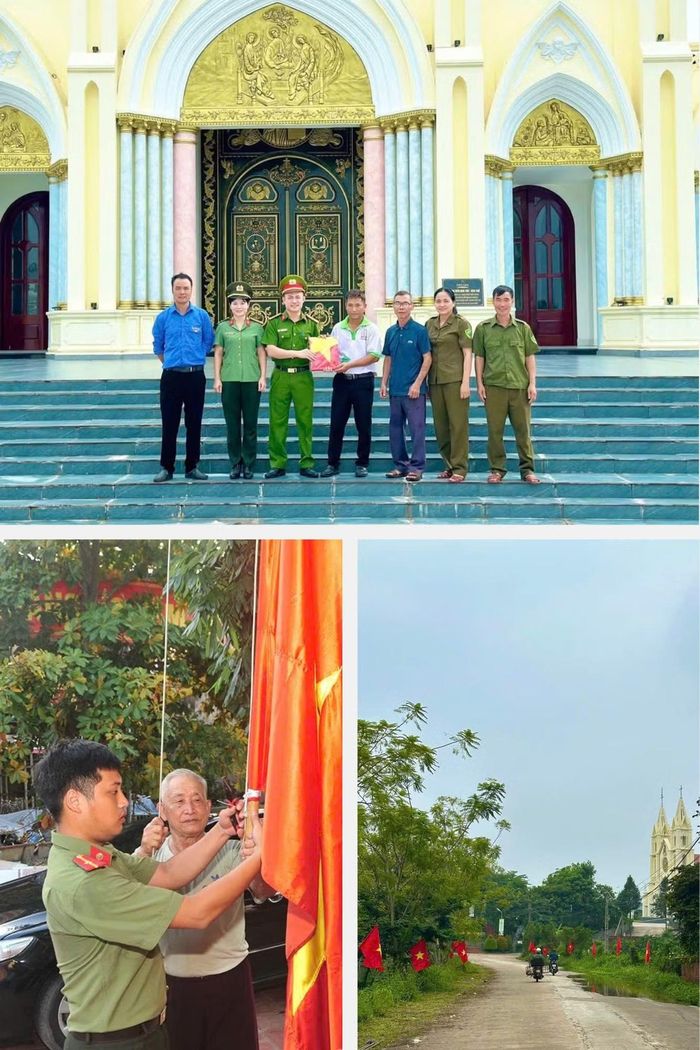 Cán bộ Công an tỉnh Bắc Ninh cùng đại diện cơ sở tôn giáo treo cờ Tổ quốc.
