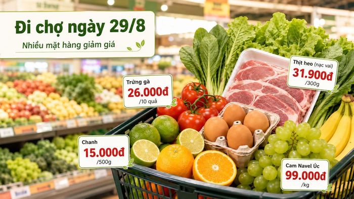 Hôm nay đi chợ 29/8: Thịt nạc heo từ 31.900 đồng/300g, nhiều rau quả đang giảm giá. Ảnh được tạo với sự hỗ trợ của AI.