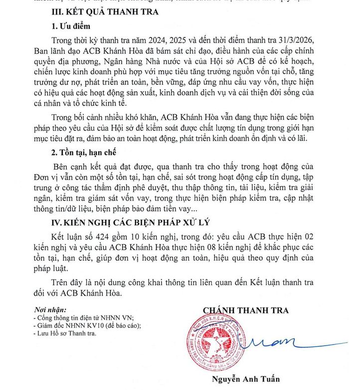Kết luận thanh tra ghi nhận ACB Khánh Hòa hoạt động ổn định, có lãi, đồng thời chỉ ra một số tồn tại, hạn chế trong hoạt động cấp tín dụng và đưa ra 8 kiến nghị đối với chi nhánh.
