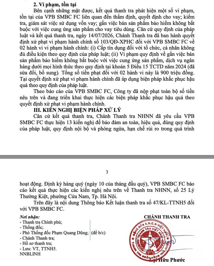 Thanh tra Ngân hàng Nhà nước công bố Kết luận thanh tra số 47/KL-TTNH5 đối với VPB SMBC FC.