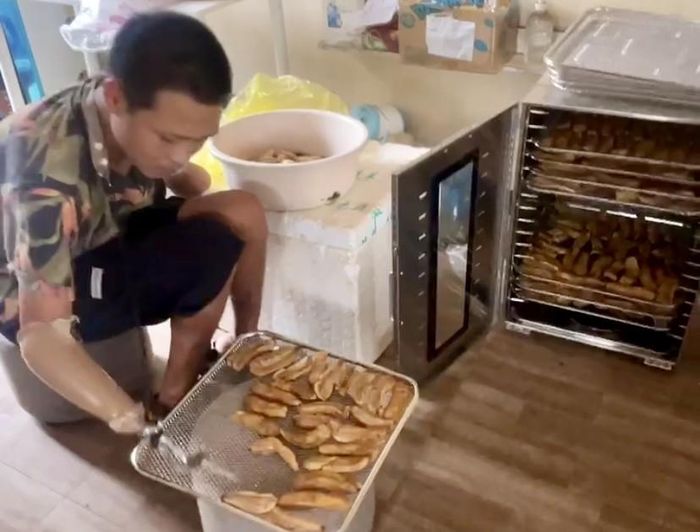  Gia đình anh Phạm Thế Quý, xóm Vò Đáo, xã Hoà An mỗi năm thu nhập hơn 65 triệu đồng từ sản xuất chuối, dứa sấy. 