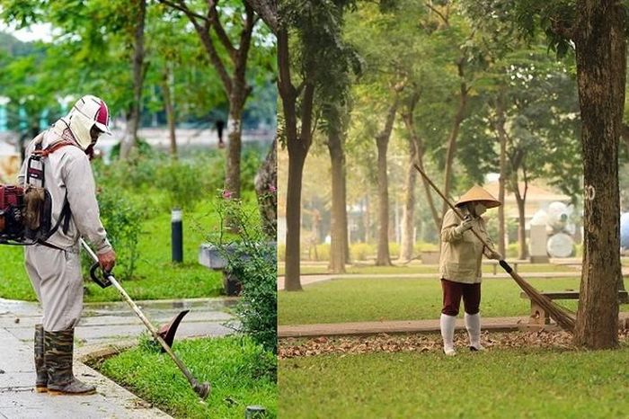 Một số hình ảnh các công nhân đang vệ sinh, cắt tỉa cành cây, chăm sóc thảm cỏ, bồn hoa để phục vụ người dân và du khách ghé thăm, vui chơi công viên dịp 2/9. Ảnh H.C.