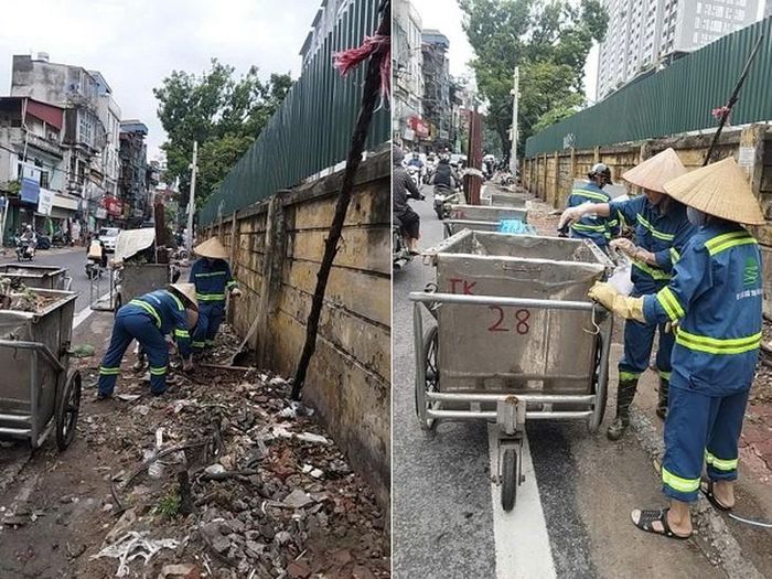 Phường Tây Hồ ra quân xử lý điểm đen rác thải trên phố Hoàng Hoa Thám. Ảnh: T.H.