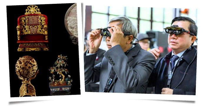 Ảnh trái: Các cổ vật triều Nguyễn đã được định danh số trên không gian mạng. Ảnh phải: Trải nghiệm công nghệ thực tế ảo XR tại Đại Nội Huế. Ảnh: baochinhphu.vn