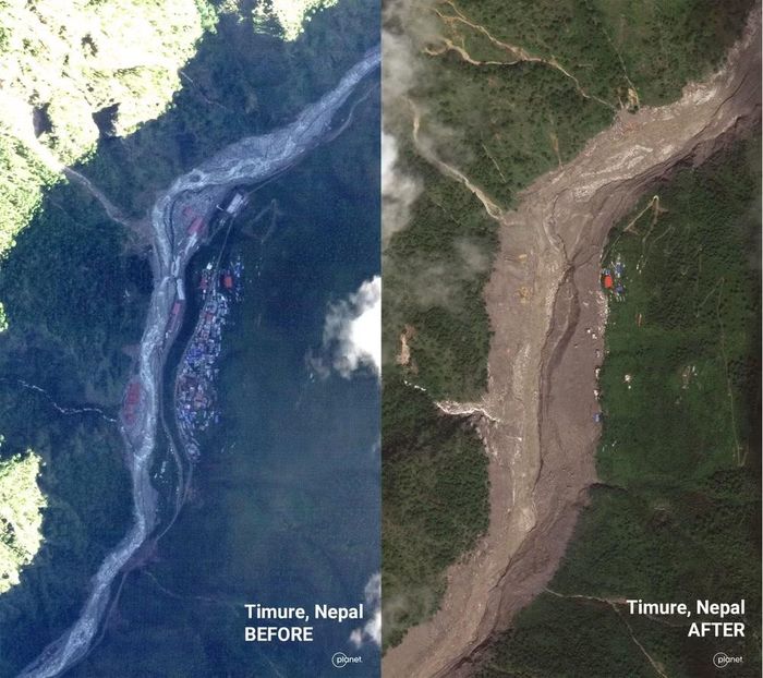 Hình ảnh vệ tinh cho thấy Timure (Nepal), trước (bên trái) và sau trận lũ lụt thảm khốc hôm 26/8. Ảnh: United Nations