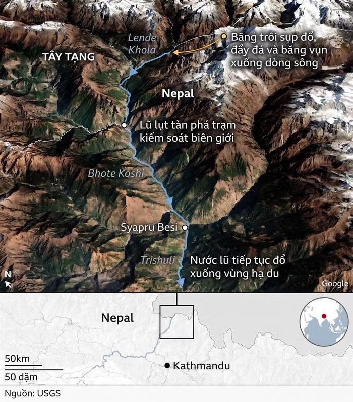 Đồ họa tóm tắt vụ lũ quét kinh hoàng tại biên giới Nepal - Tây Tạng hôm 26/8/2026.