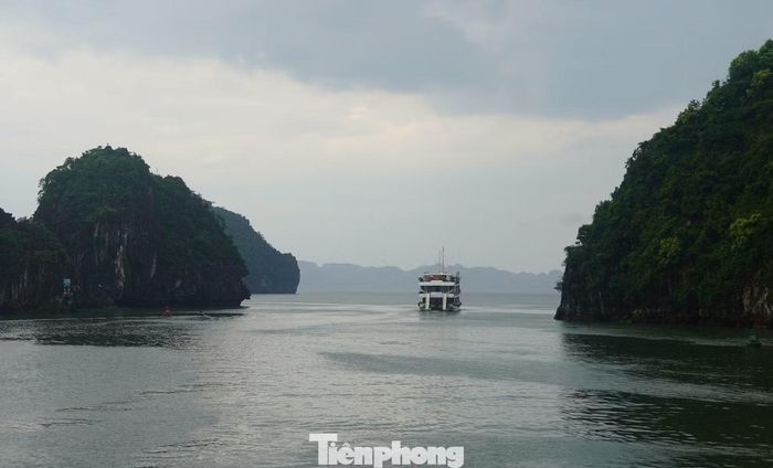 Sau mưa, khu vực vịnh Lan Hạ thuộc quần đảo Cát Bà trời quang, hửng nắng. Đoàn tàu chở khách di chuyển qua các dãy núi đá vôi trên vịnh.