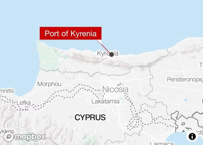 Chiếc phà rời cảng Kyrenia một lúc thì gặp nạn. Bản đồ: Mapbox.