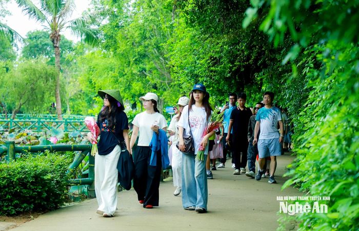 Nhiều du khách mang theo những bó hoa, lặng lẽ dâng lên trước những nơi gắn với tuổi thơ và cuộc đời của Bác. Những đóa hoa nhỏ gửi gắm lòng thành kính với vị lãnh tụ đã dành trọn cuộc đời cho dân tộc. Ảnh: Thành Duy