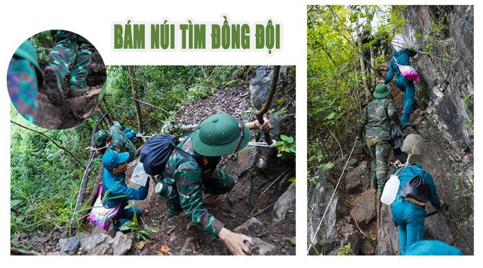 Cán bộ, chiến sĩ Đội tìm kiếm, quy tập hài cốt liệt sĩ bám dây, vượt qua những vách đá dựng đứng để tiếp cận khu vực tìm kiếm.