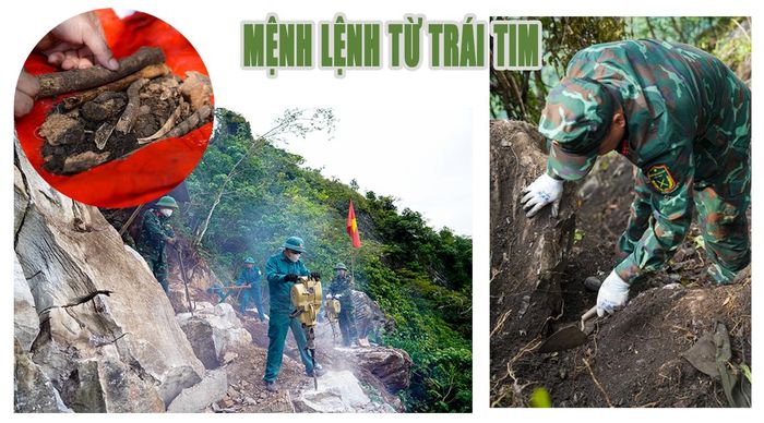 Giữa địa hình núi đá hiểm trở, cán bộ, chiến sĩ kiên trì khoan đá, đào đất, tìm kiếm từng phần hài cốt để đưa đồng đội trở về.