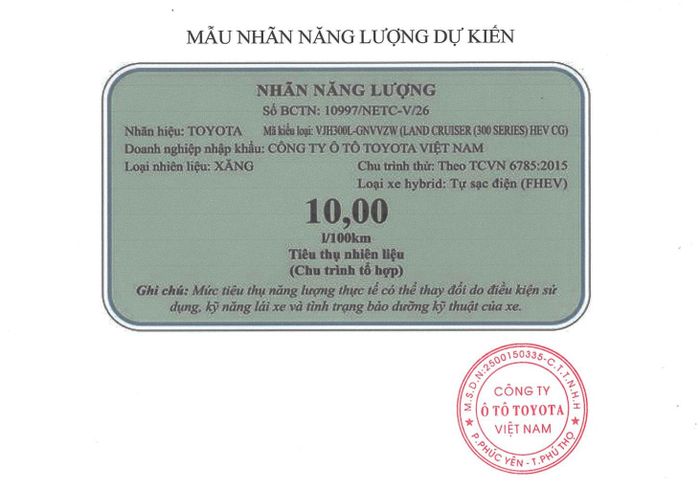 Nhãn năng lượng dự kiến của Toyota Land Cruiser LC300 HEV.