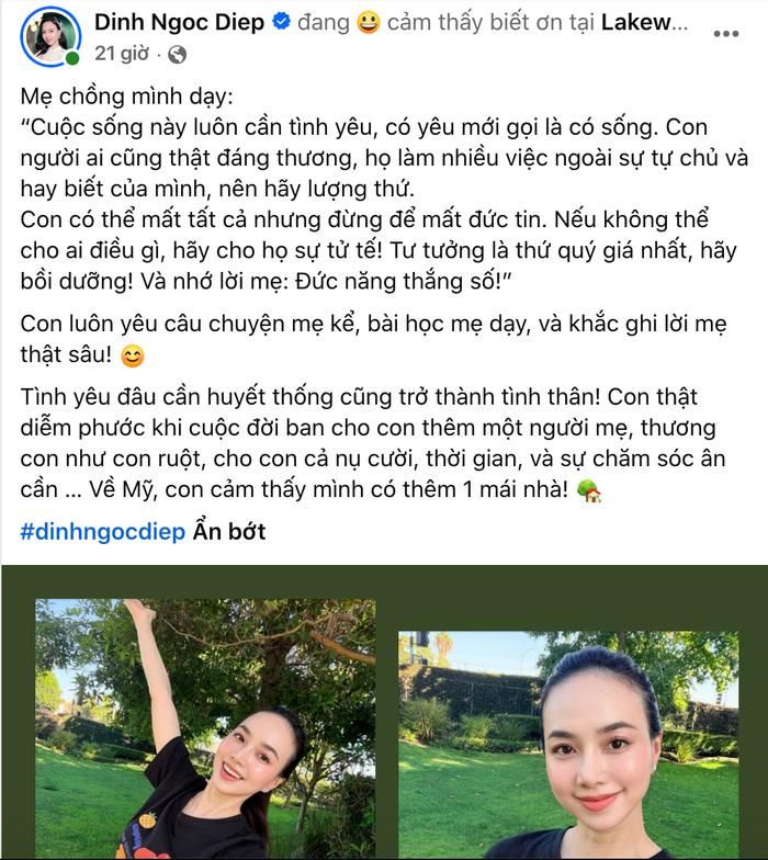 Đinh Ngọc Diệp cũng từng chia sẻ về mẹ chồng. Ảnh: Chụp màn hình FBNV