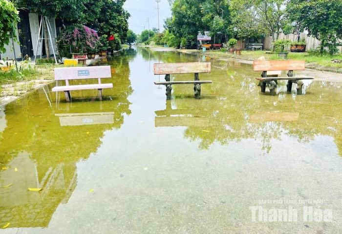 Những chiếc ghế xi măng vốn để người dân ngồi thư giãn nay trở thành “hàng rào” cảnh báo đường ngập.