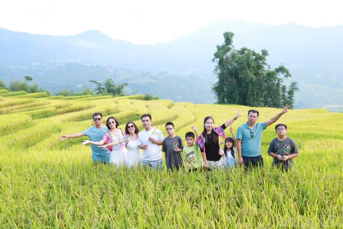 Các du khách nhí miền xuôi tỏ ra hào hứng khi lần đầu cùng gia đình ngắm cảnh và chụp ảnh lưu niệm giữa biển lúa chín vàng tại Y Tý.