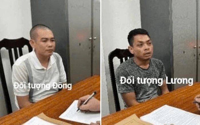 Đinh Xuân Đông và Đinh Văn Lương tại cơ quan công an. Ảnh: CAHN