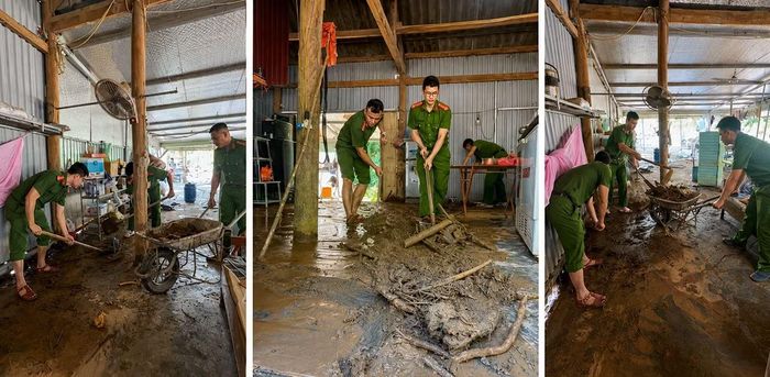 Lực lượng Công an di chuyển đất, đá tràn vào nhà gia đình ông Đào Văn Quỳnh.