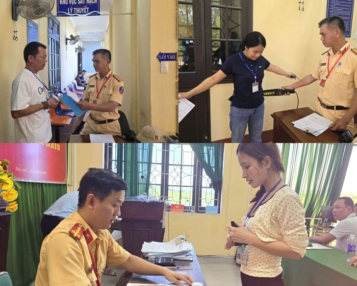 CSGT Công an TP Huế kiểm tra hồ sơ, nhắc nhở thí sinh chấp hành nghiêm quy định khi tham gia các phần thi sát hạch.