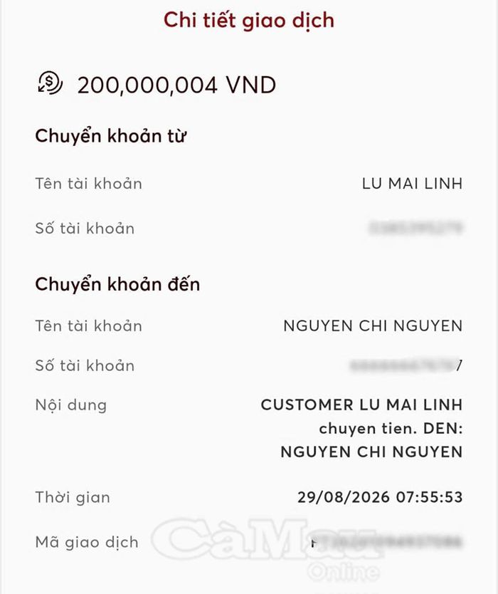  Xác nhận giao dịch chuyển hoàn trả 200 triệu đồng thành công.