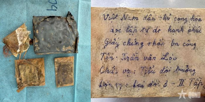 Các di vật, mảnh giấy và chữ viết phát hiện khi khai quật mộ liệt sĩ tại Nghĩa trang Liệt sĩ Bồng Sơn Sơn (phường Bồng Sơn, tỉnh Gia Lai) được lực lượng chức năng phục hồi (Ảnh: Báo Quân đội Nhân dân)